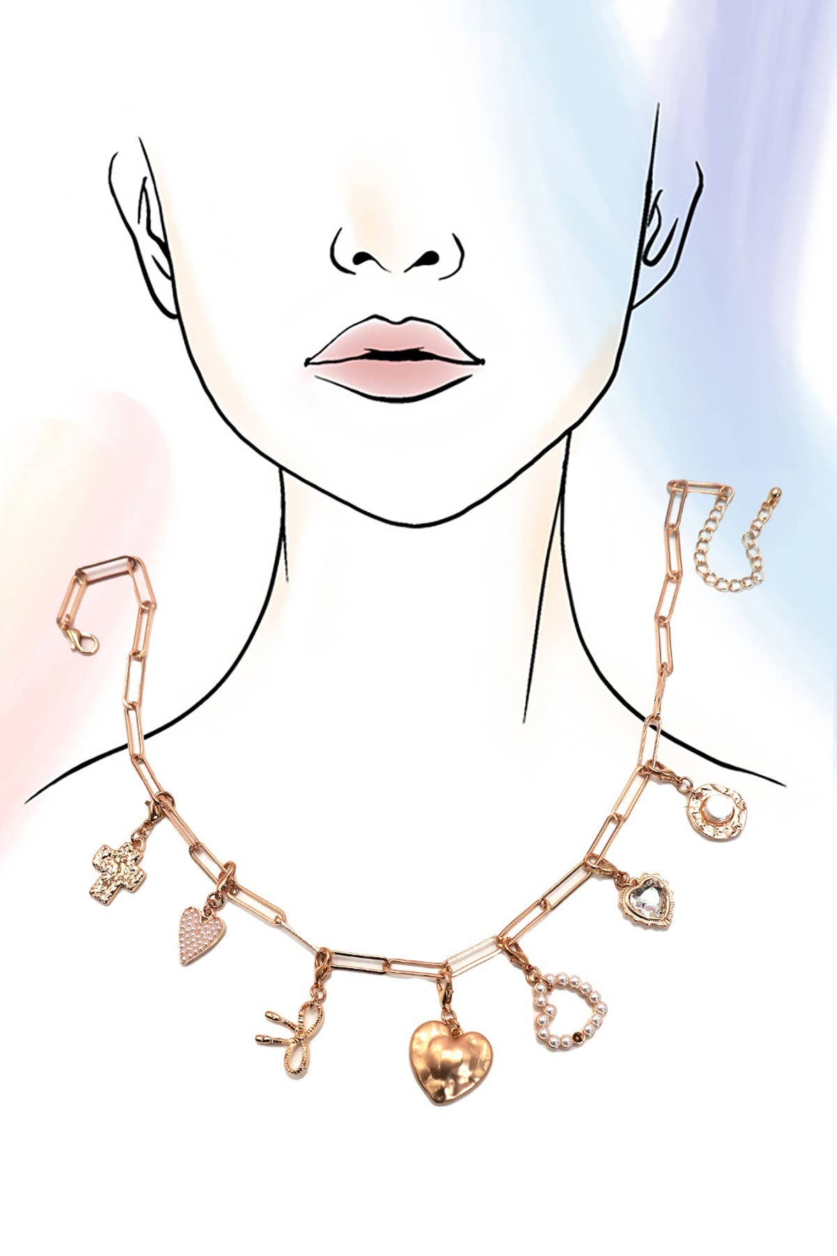 BOW HEART REMOVABLE MULTI CHARM NECKLACE | Gold