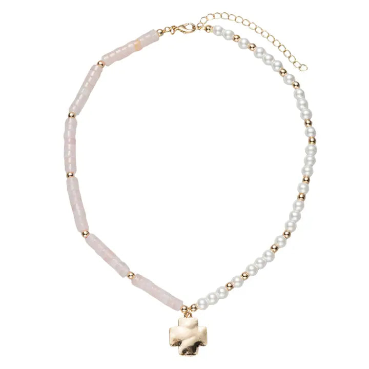Real Rose Quartz Beaded Necklace W/ Gold Cross