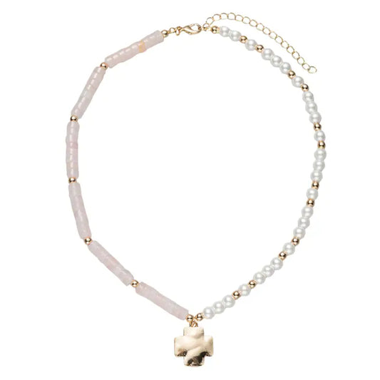 Real Rose Quartz Beaded Necklace W/ Gold Cross