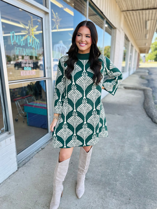 Forest Green Abstract Print Sweater Dress