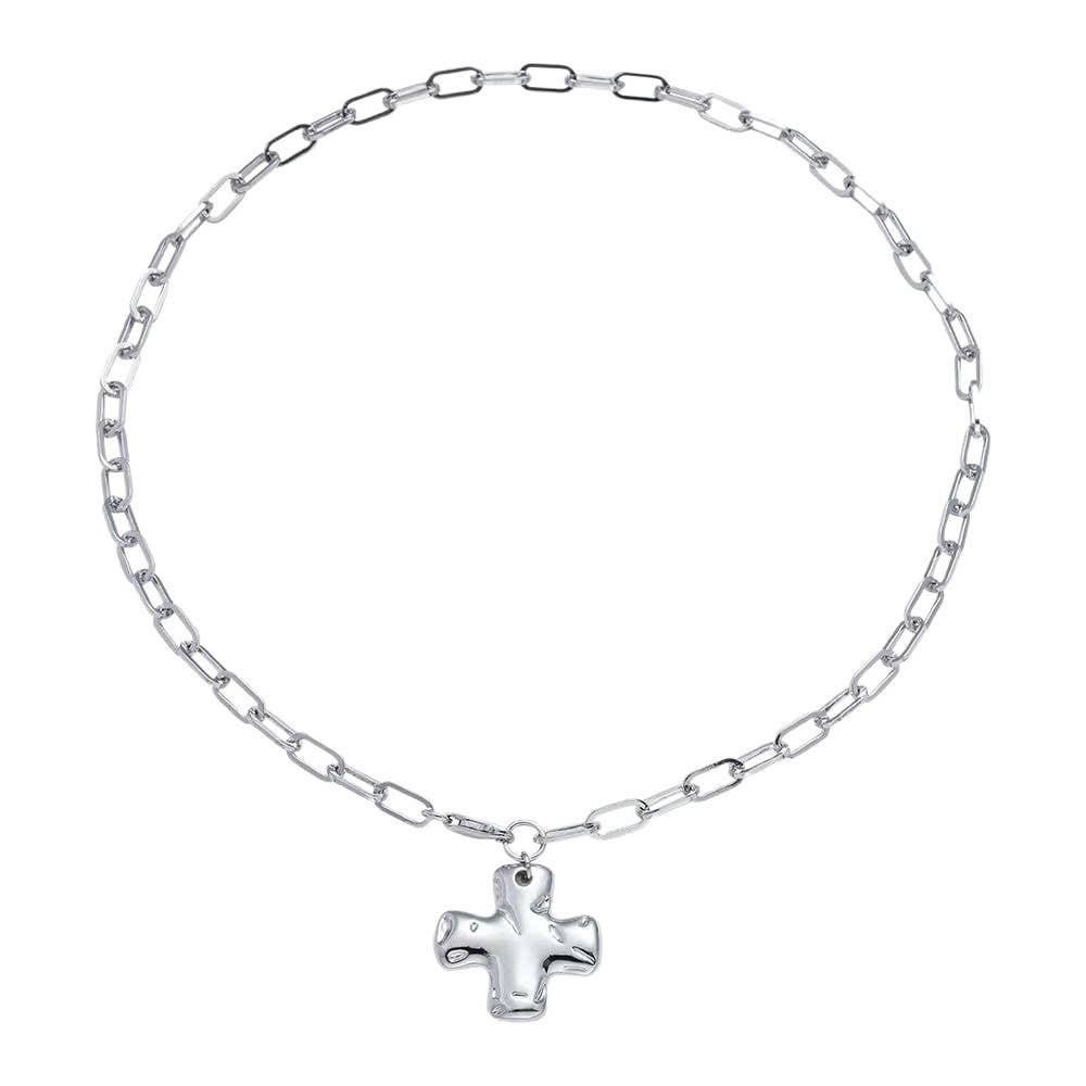 NOTABLE HAMMERED CROSS FRONT TOGGLE NECKLACE | Silver