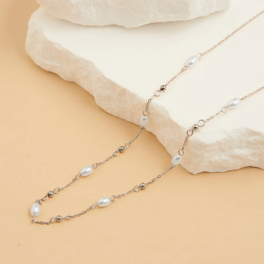 Silver Pearl Bead Station Necklace