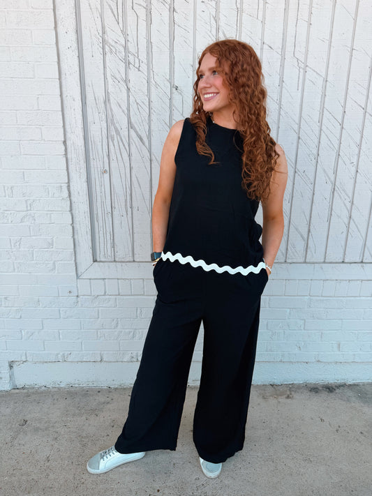 Solid Ric Rac Trim Pants Set