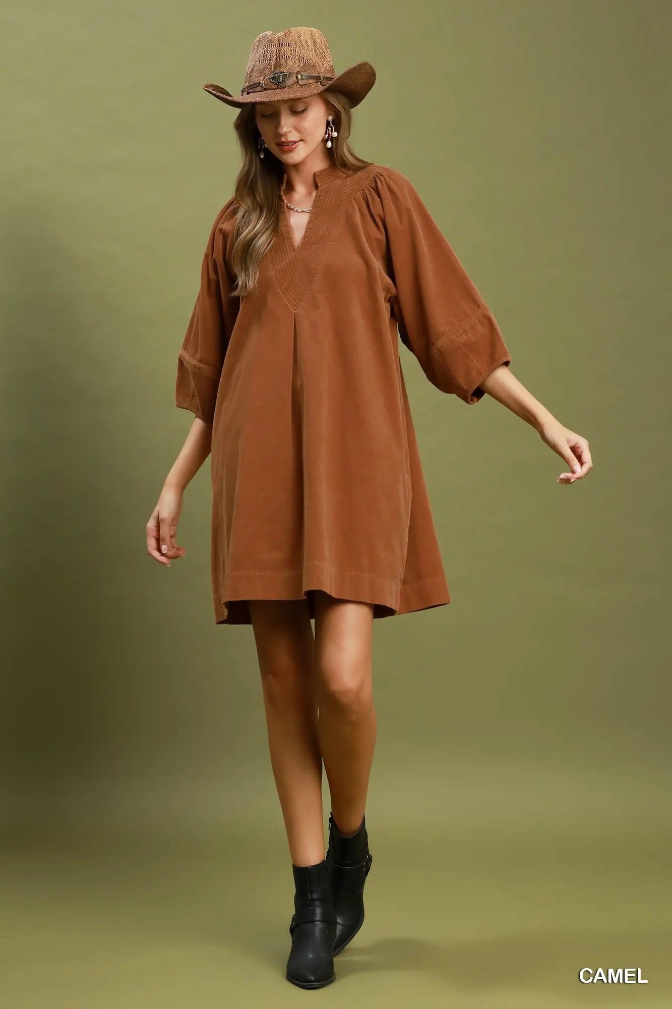 Camel Corduroy V-Neck Puff Sleeve Dress
