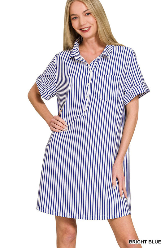 Collard Button Up Dress - Bright Blue