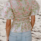 Floral Puff Sleeve Tied Front Peplum Top