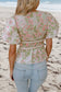 Floral Puff Sleeve Tied Front Peplum Top