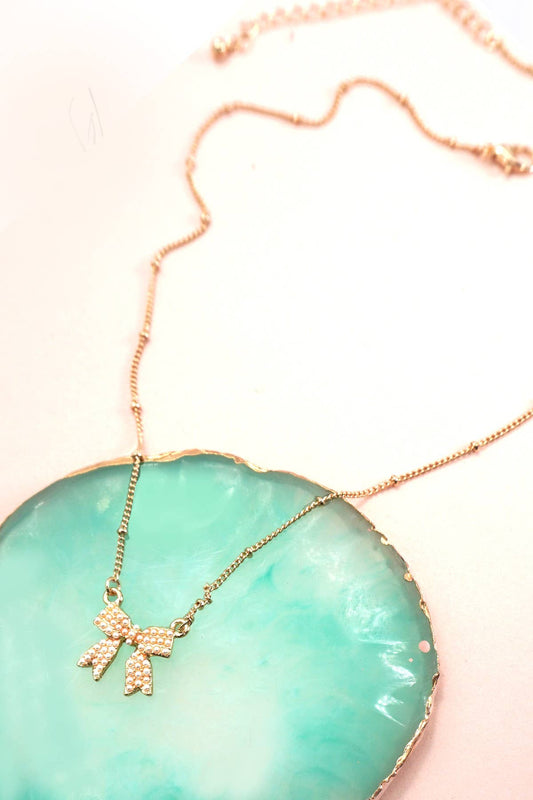 PEARL BOW CHARM BALL CHAIN NECKLACE | Gold