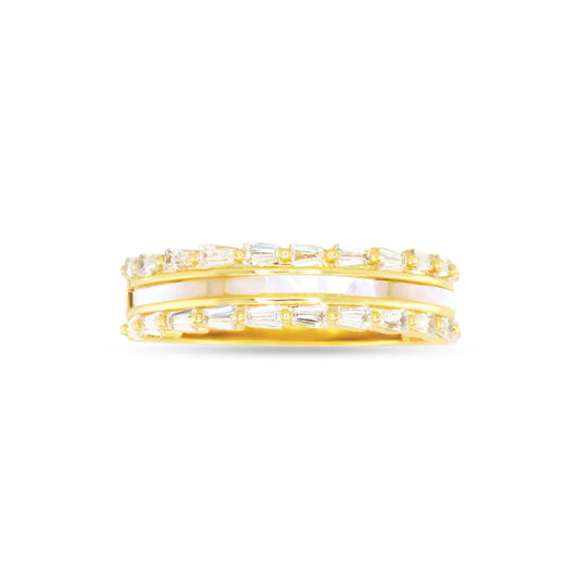 Gold CZ & MOP Three Row Ring