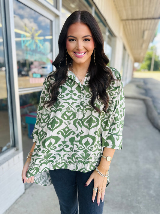 Sage Abstract Print Button Up Top