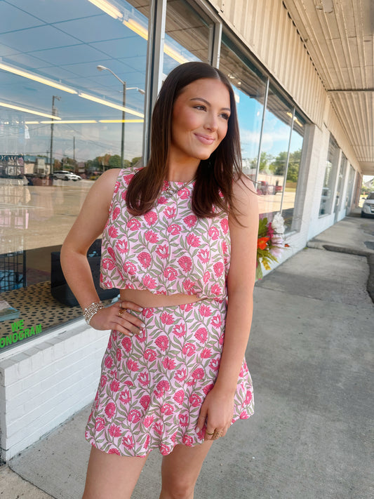 Floral Print Puffy Cropped Top and Mini Skirt Set