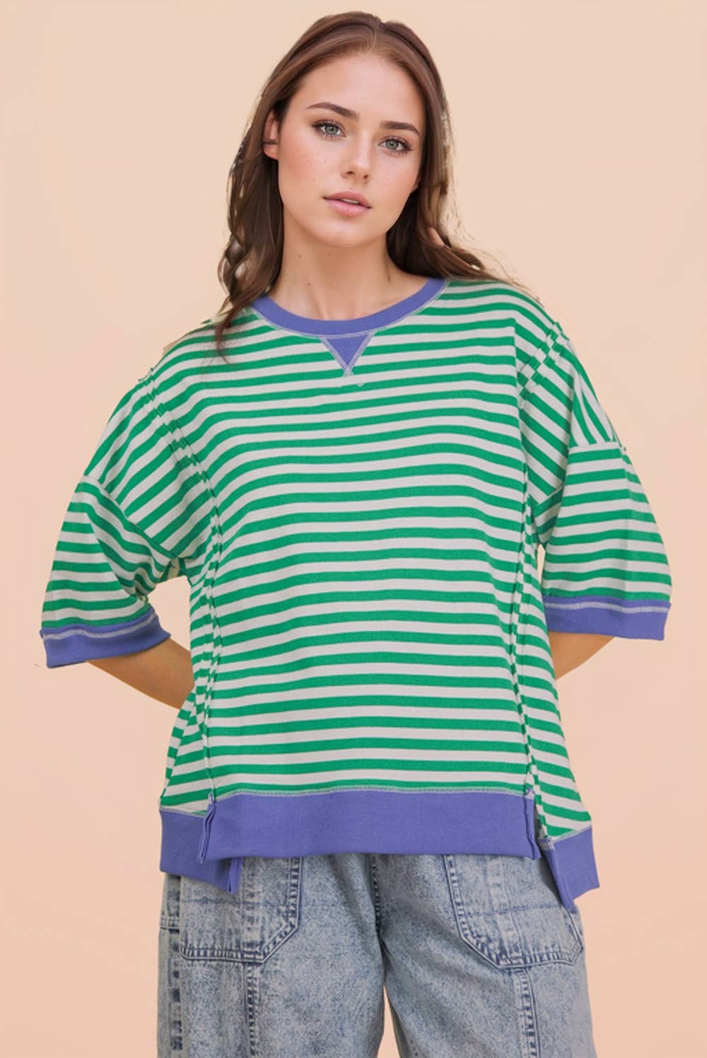 Oversized Stripe Casual Knit Top - KELLY GREEN + CREAM