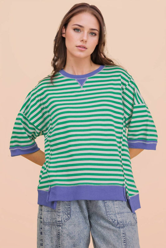 Oversized Stripe Casual Knit Top - KELLY GREEN + CREAM