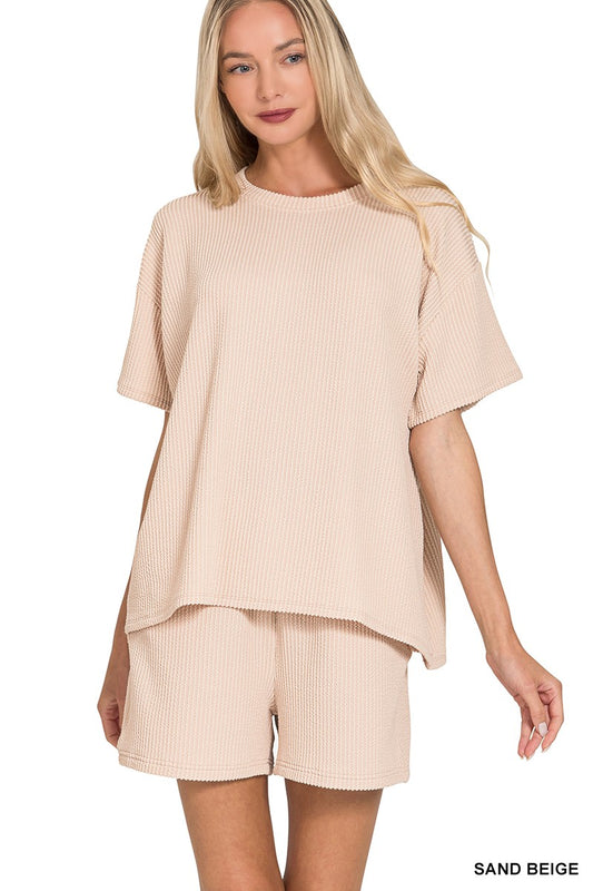 Raised Rib Short Sleeve Set - Sand Beige