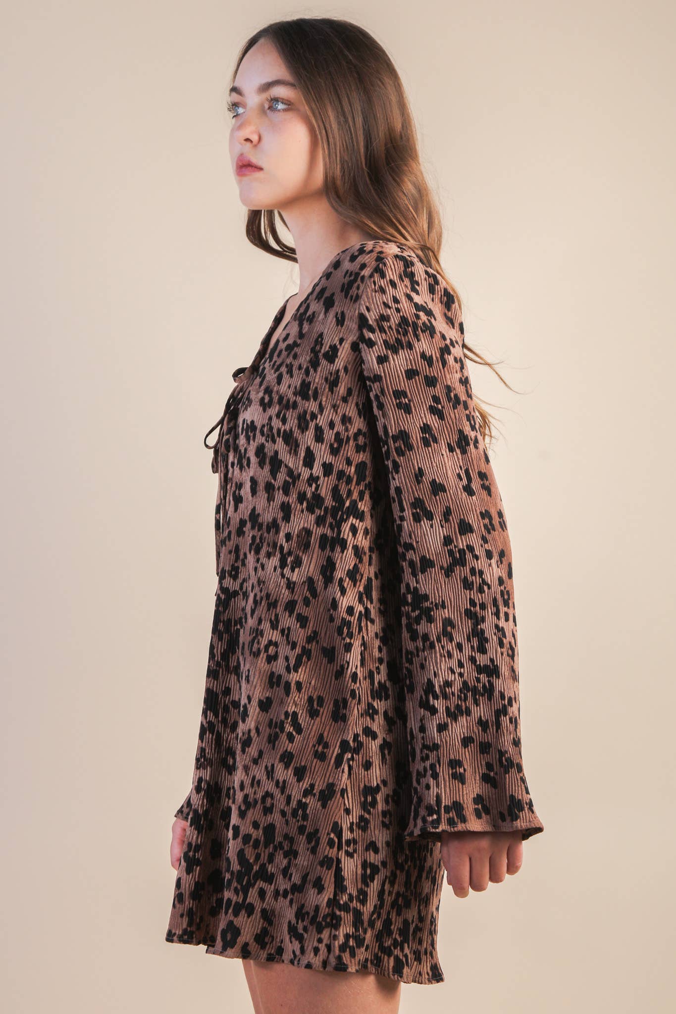 Mocha Leopard Printed Pleated Mini Dress