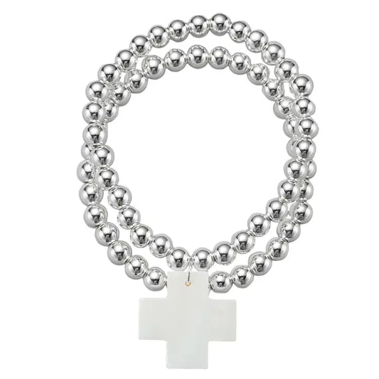 Gold Plated Silver Set Of 2 Beaded Stretch Bracelet - Shell Cross