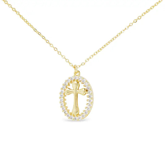 Gold Oval Cross Pendent Necklace