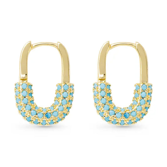Gold Blue Stone Hoop Earrings