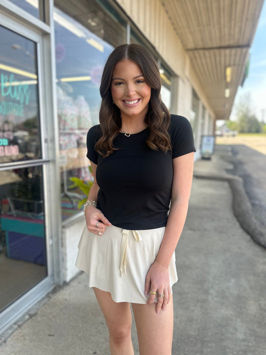 Cream Drawstring High Waist Lined Tennis Skorts