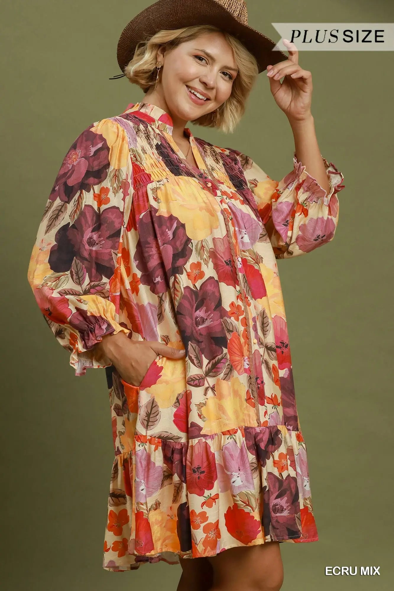 Floral Ecru Mix Smocked Button Front Mini Dress +