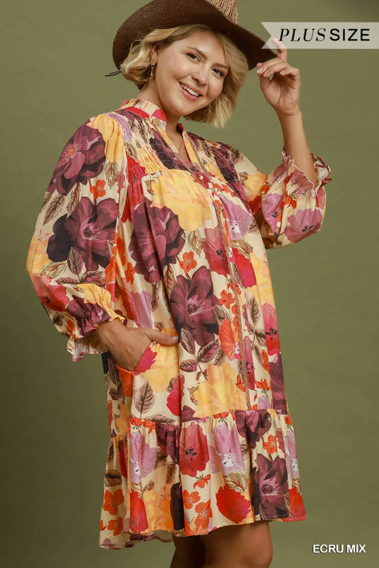 Floral Ecru Mix Smocked Button Front Mini Dress +