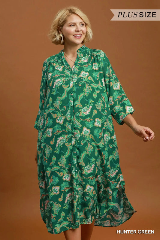 Hunter Green Paisley Print Maxi Shirt Dress +