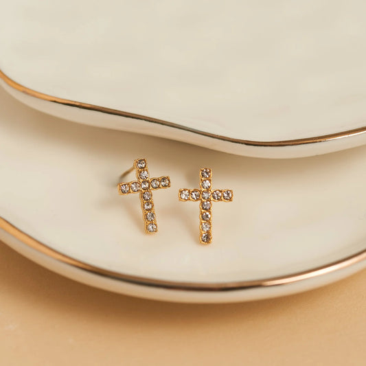 Paved Cross Gold Stud