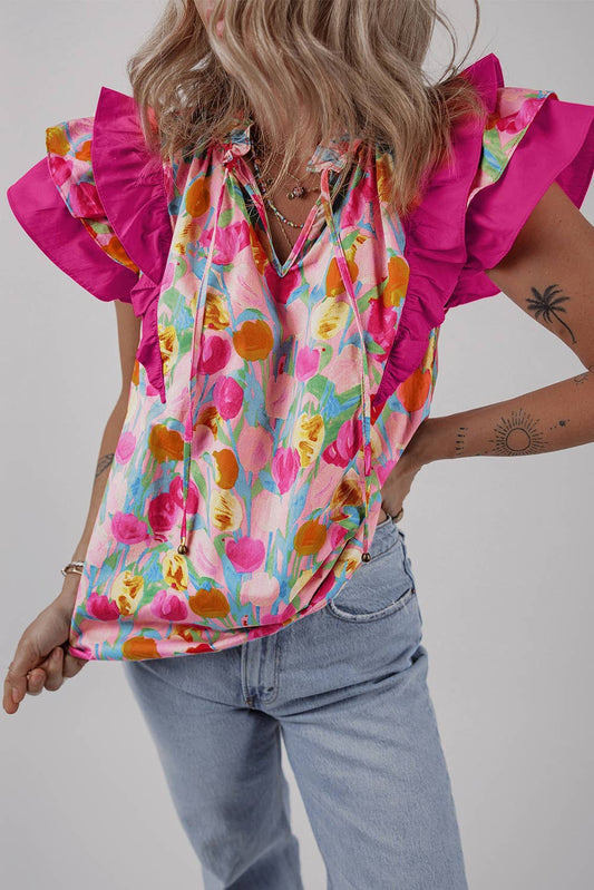 Floral Layered Ruffle Flutter Sleeve Tie V Neck Blouse
