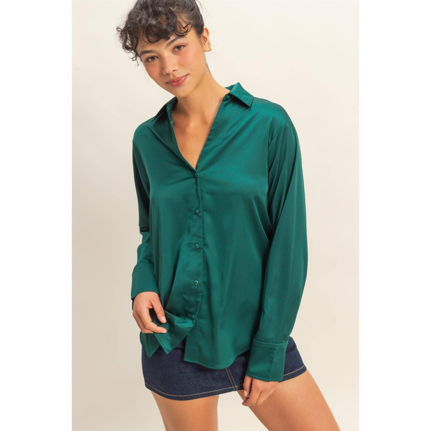 Dark Green Button-Up Satin Shirt With Collared Neckline