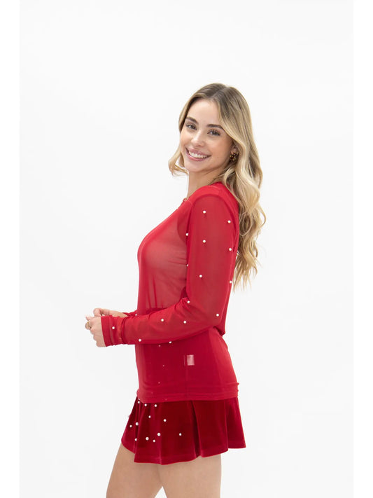 Mesh Long Sleeve Top W/ Pearls - Red
