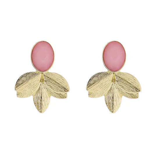 Pink Gold Gemstone W/ Gold Leaf Fan Earrings