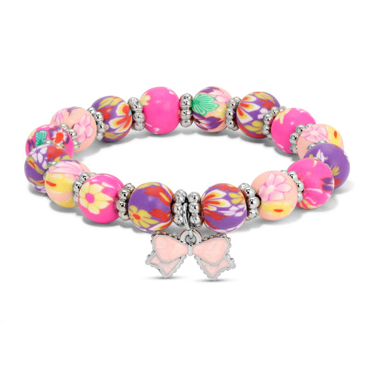 Kids Clay Beaded Stretch Charm Bracelets  |  Pink & Purple Floral+pink bow charm