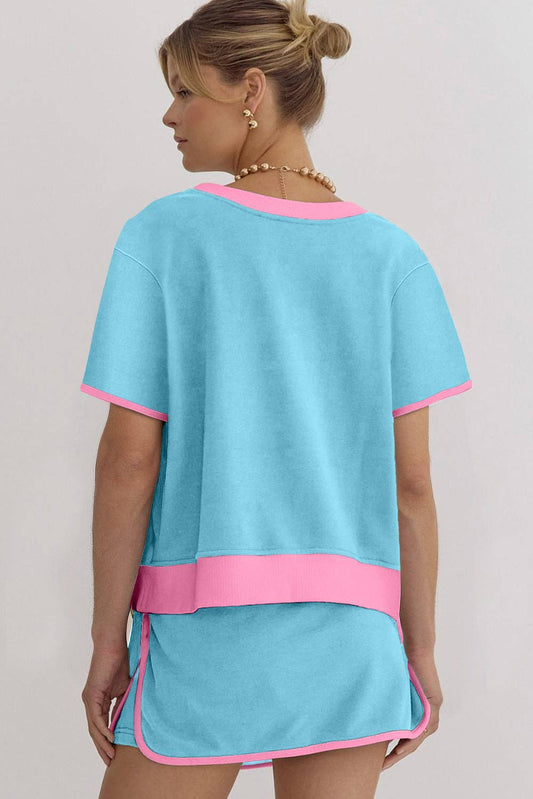 Colorblock T Shirt and Skort Set - Turquoise Pink