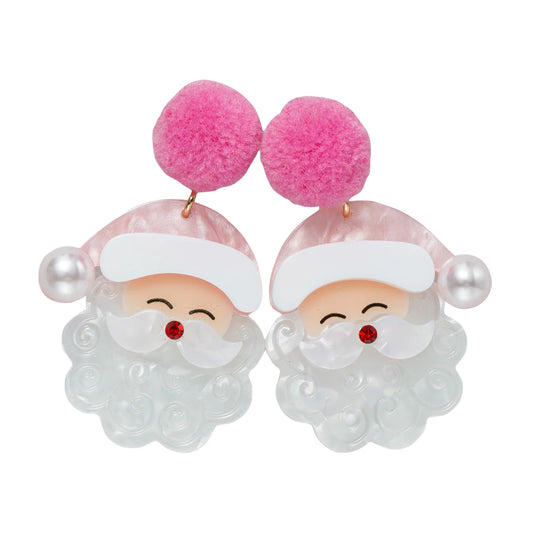 Acrylic Pink Pom Santa Claus Earrings