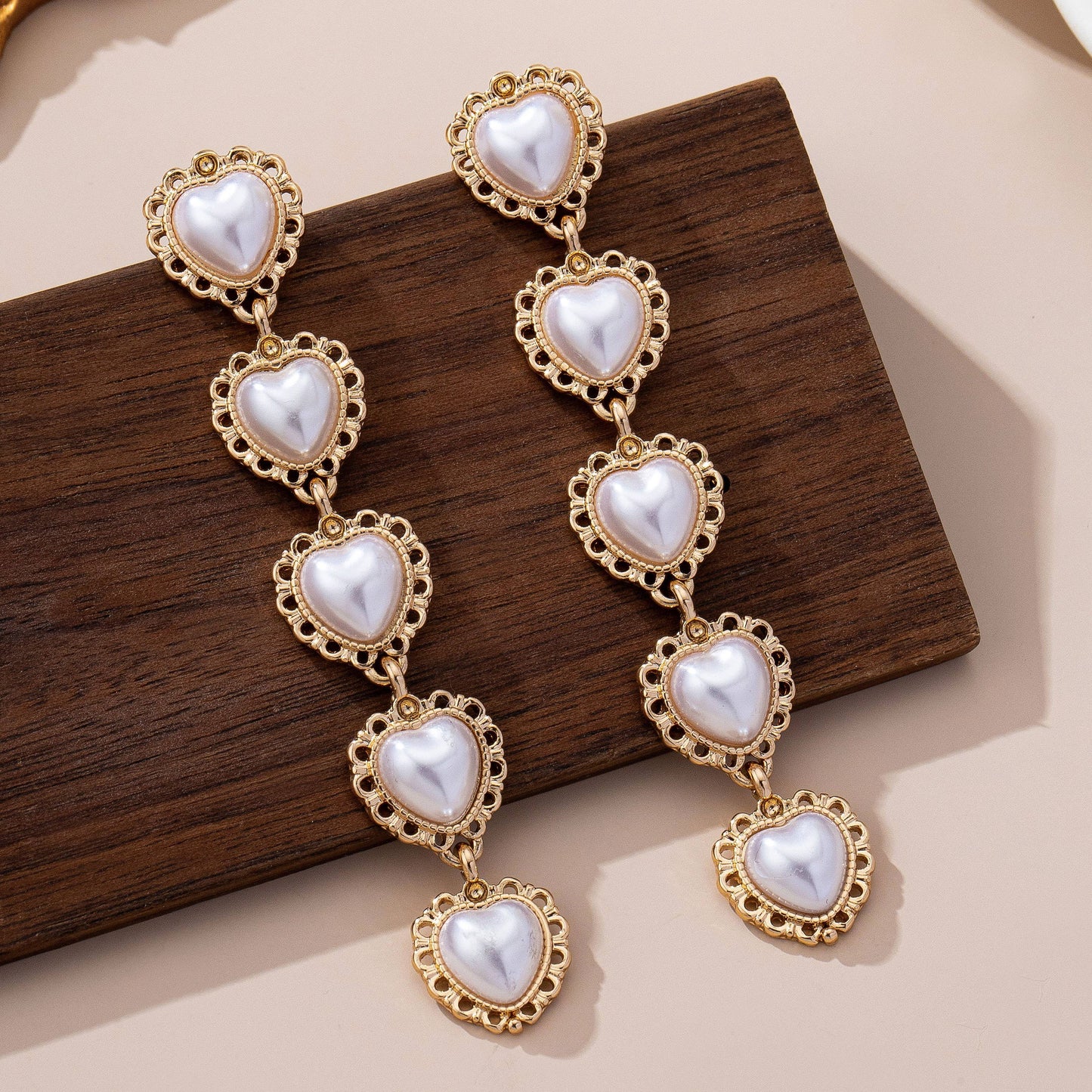 Pearl Heart Cascade Drop Earrings | GOLD