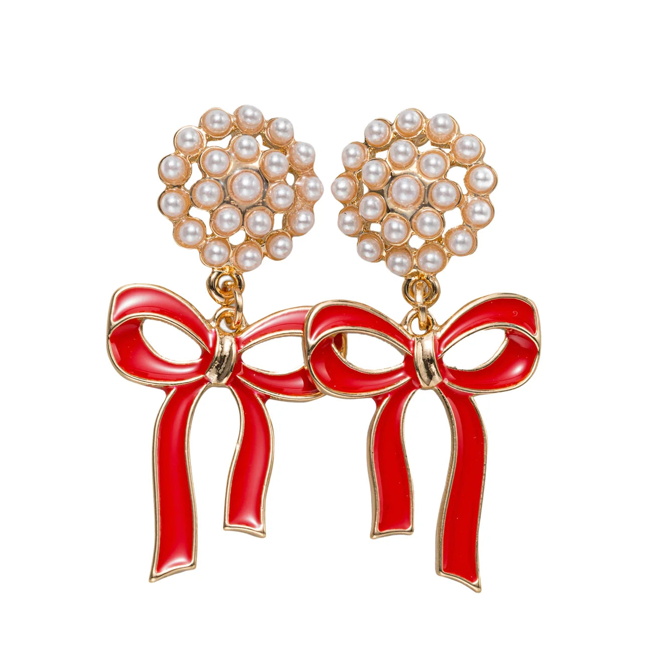 Enamel Red Bow W/ Pearl Cluster Earrings