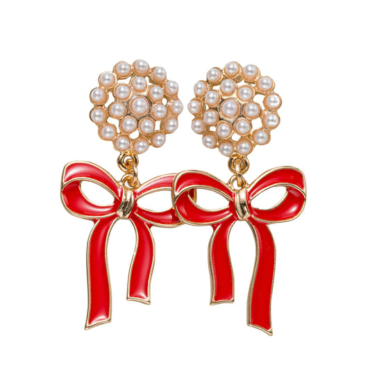 Enamel Red Bow W/ Pearl Cluster Earrings