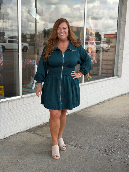 Teal Green-Mohme Front Zip Dress