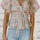 Floral Puff Sleeve Tied Front Peplum Top