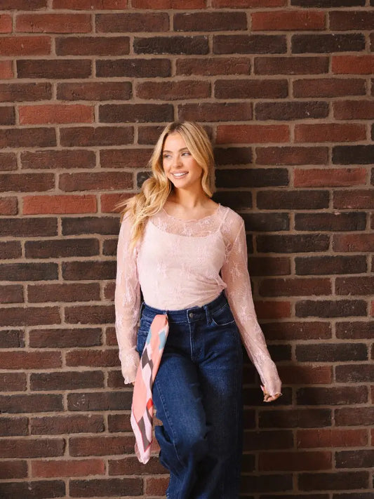 Long Sleeve Lace Top - Light Pink