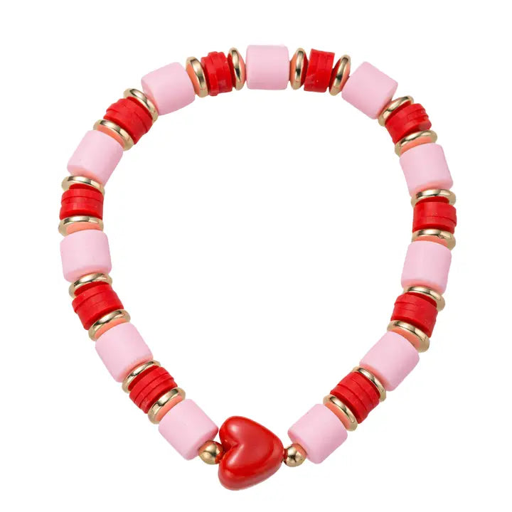 Red, Pink Rubber Beaded Stretch Bracelet W/ Red Heart