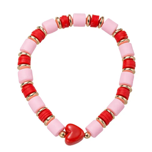 Red, Pink Rubber Beaded Stretch Bracelet W/ Red Heart