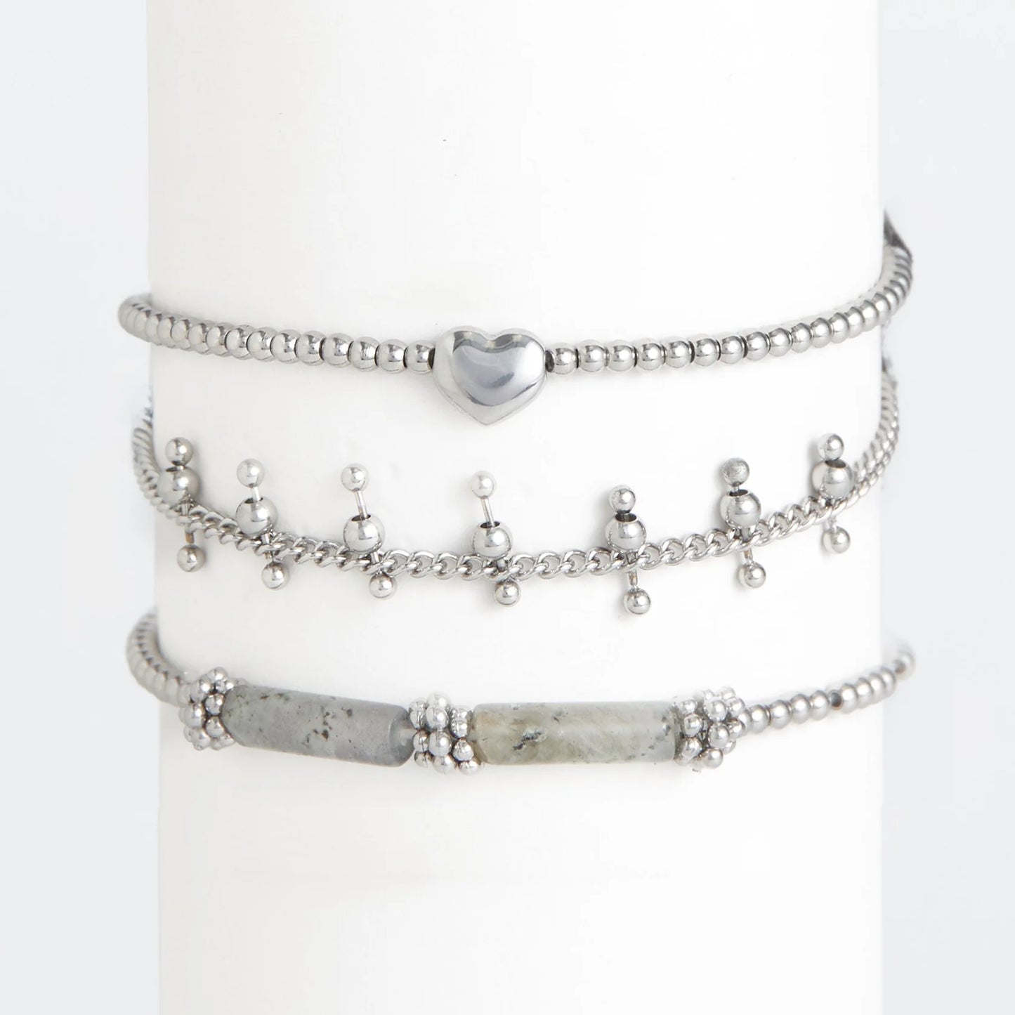 Silver Heart Beaded Bracelet Set