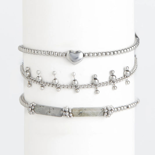 Silver Heart Beaded Bracelet Set