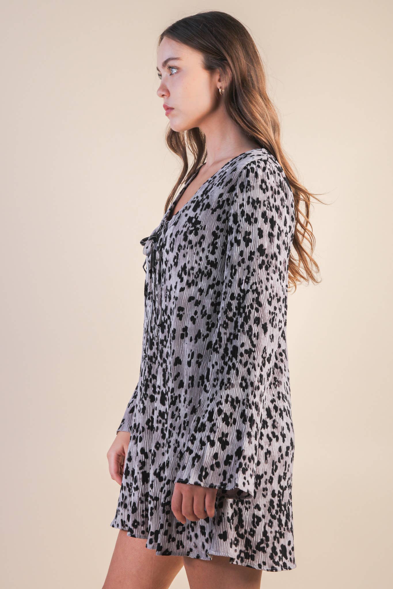 Mocha Leopard Printed Pleated Mini Dress