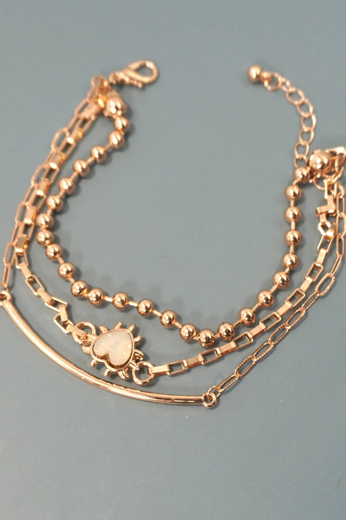 BAR HEART BALL CHAIN MULTI LAYERED BRACELET | GOLD