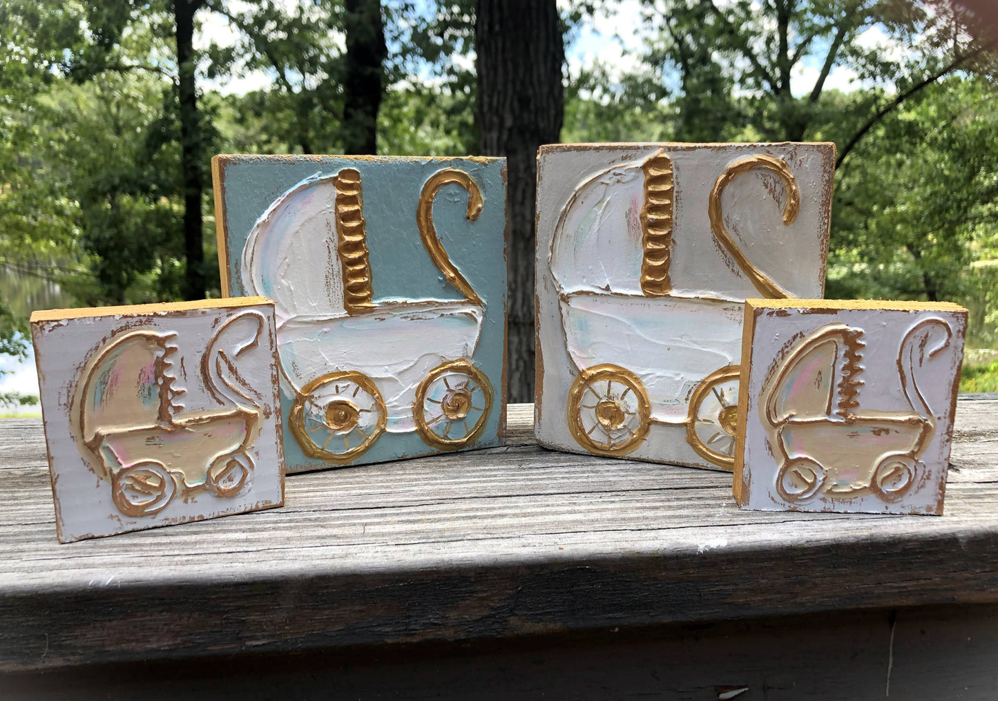 Baby Carriage handmade textured wood block - 6x6
