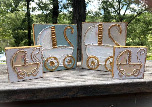 Baby Carriage handmade textured wood block - 6x6