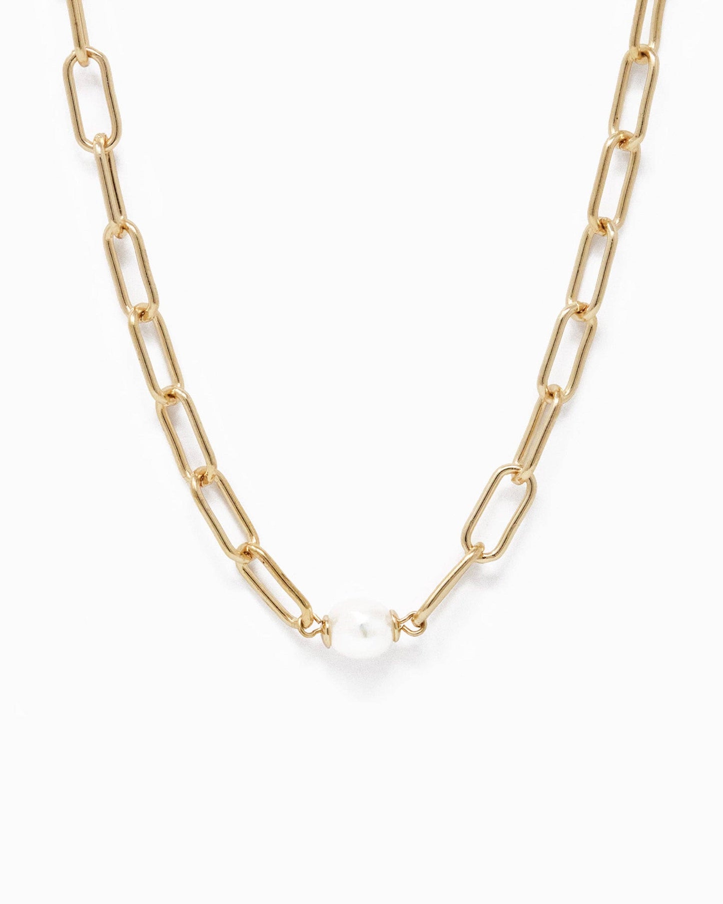 Paperclip w/freshwater pearl pendant necklace: Gold