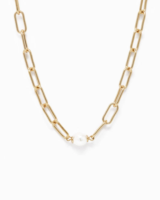 Paperclip w/freshwater pearl pendant necklace: Gold